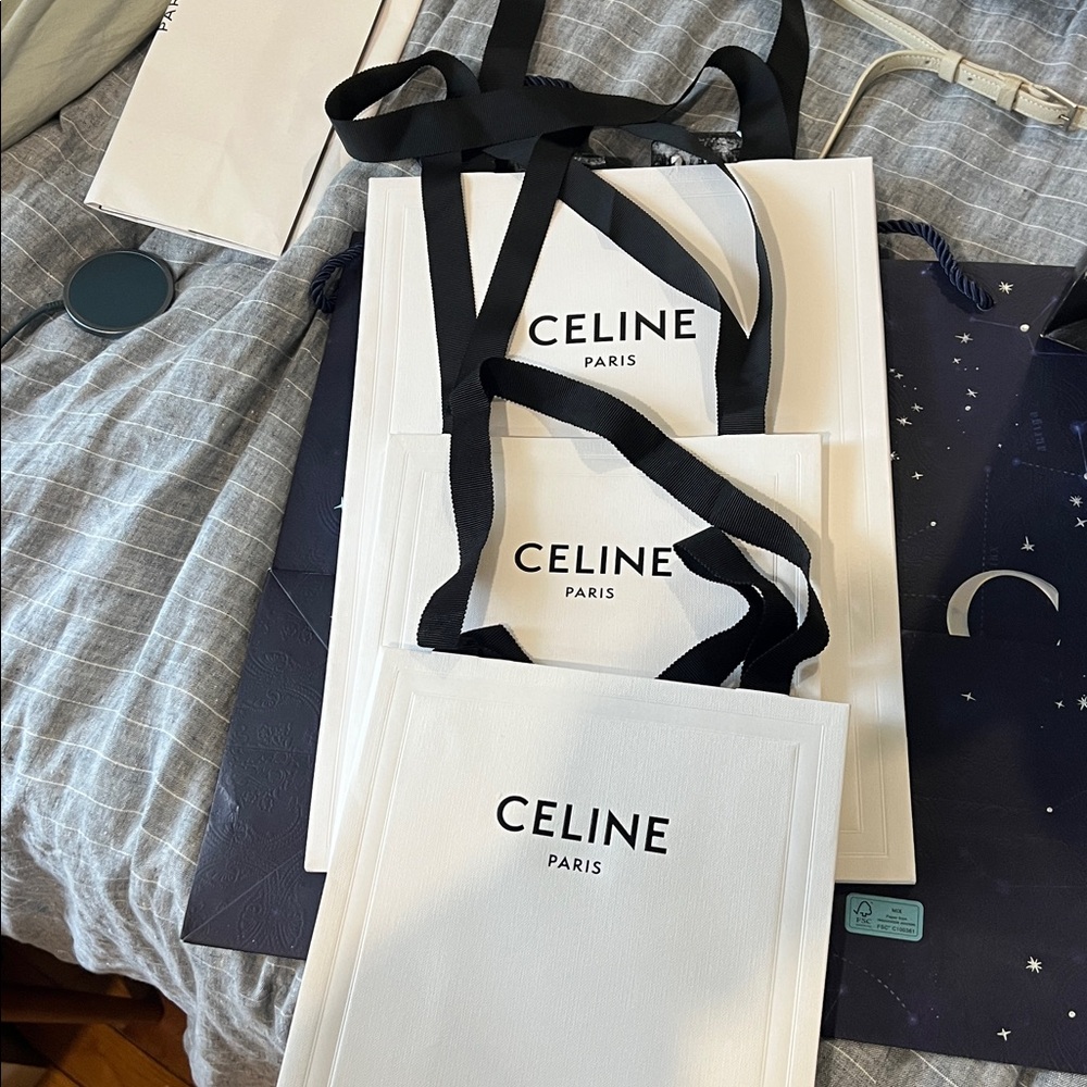 Celine White Shopping Bags with Black Handles